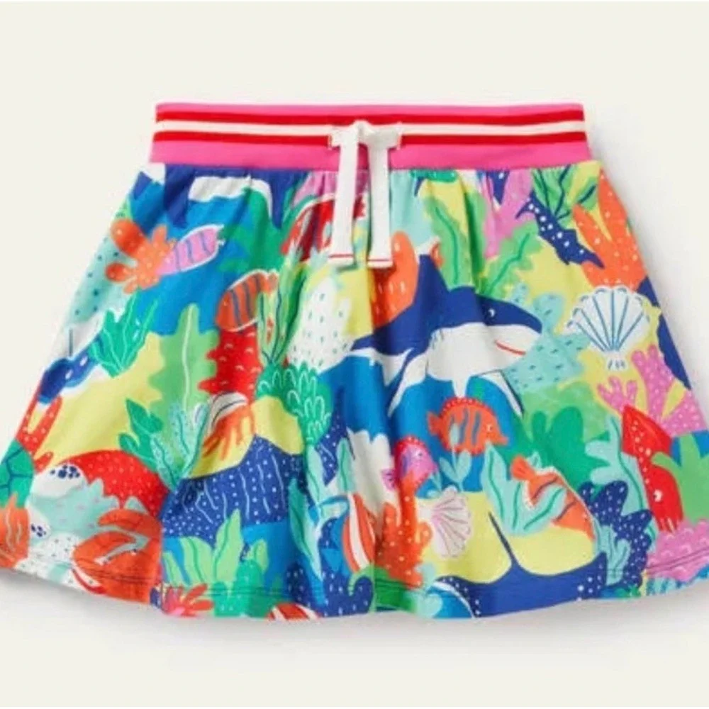 Mini Boden skort colorful all-over sea life print striped drawstring waist‎ 9/10